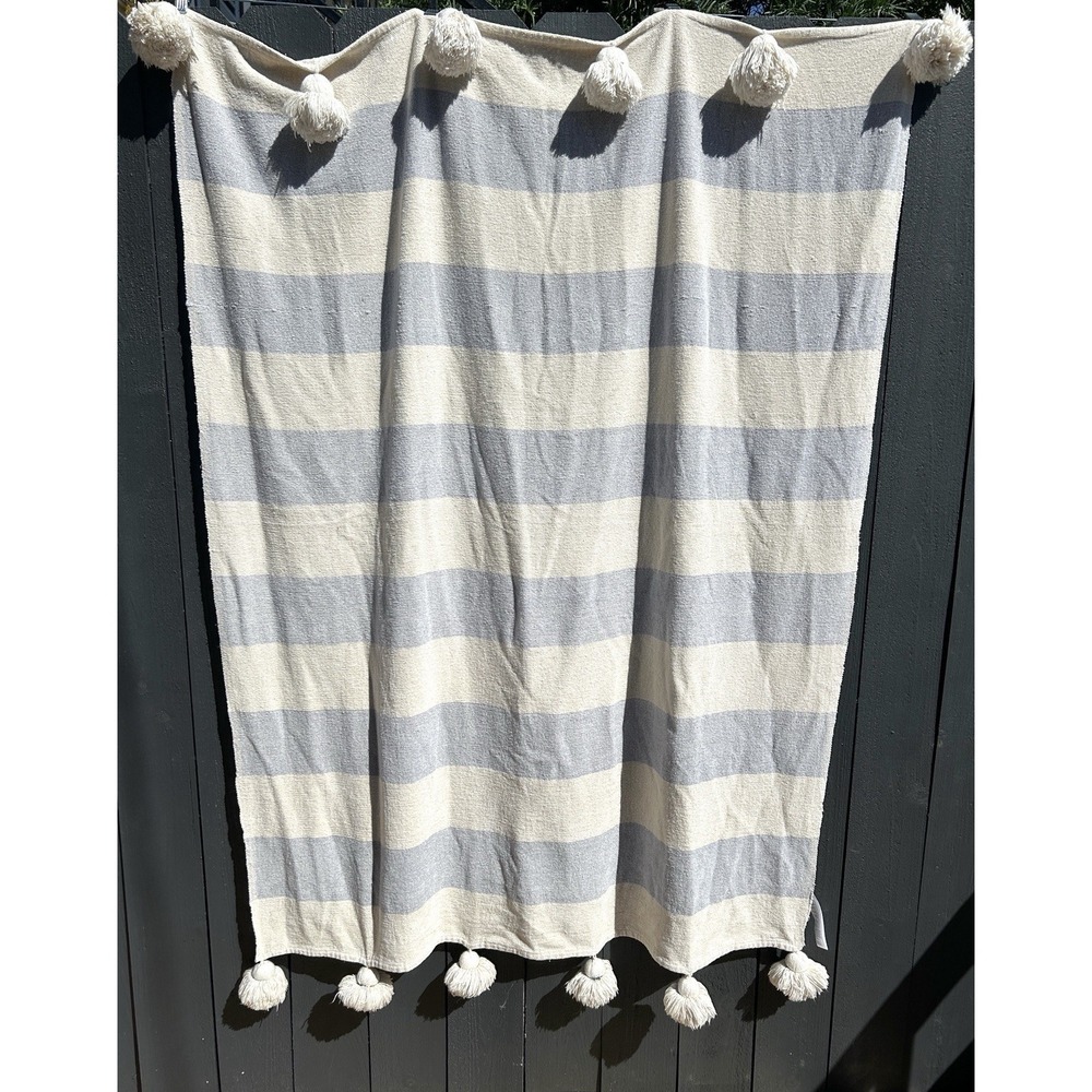 Anthropologie Nayland Boho Pom‎ Pom Throw Blanket 44X46 Coastal Stripe Tassel